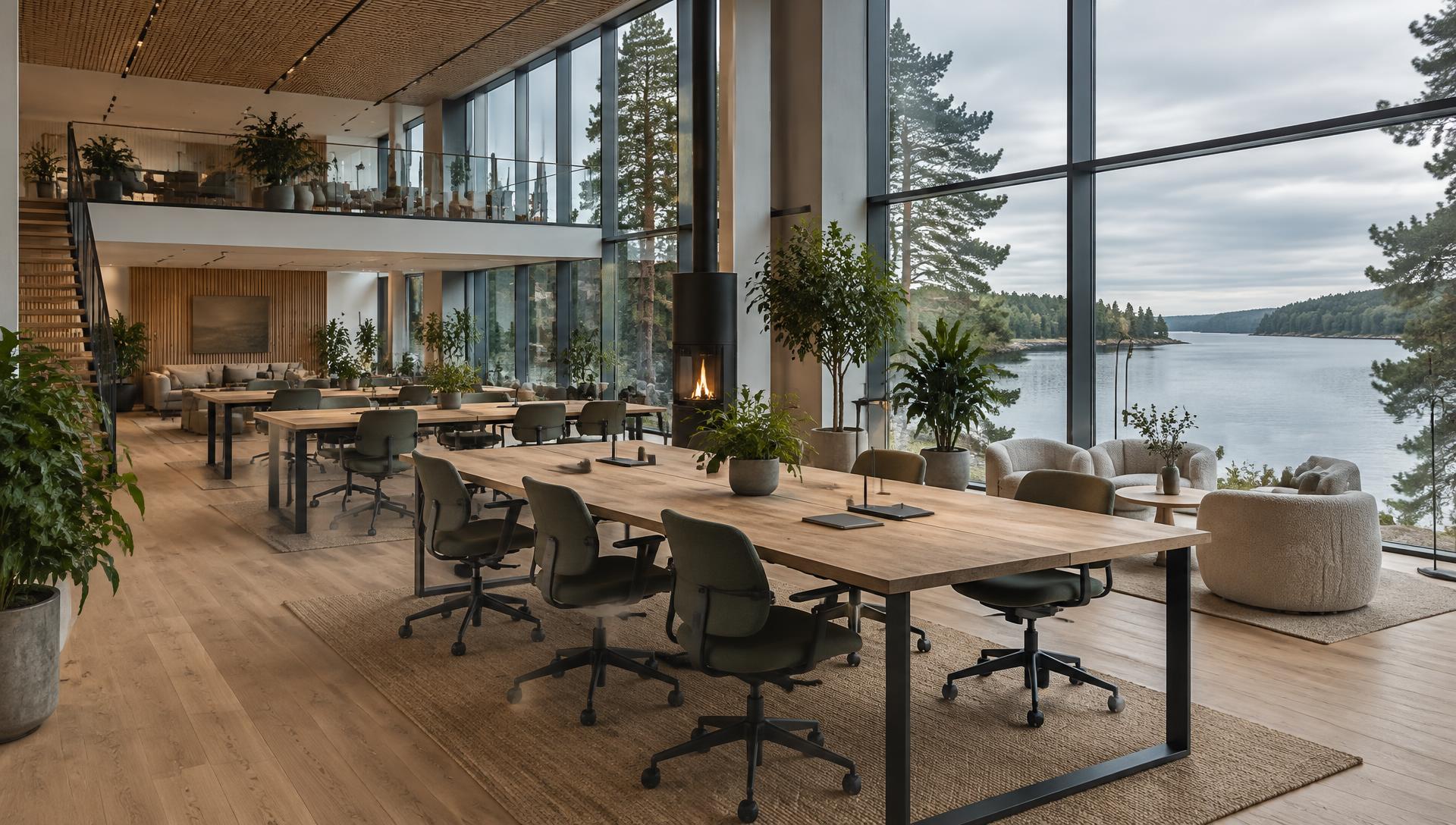 Ljus coworking-hall med långa bord i ek, växter och fönster mot en sjö