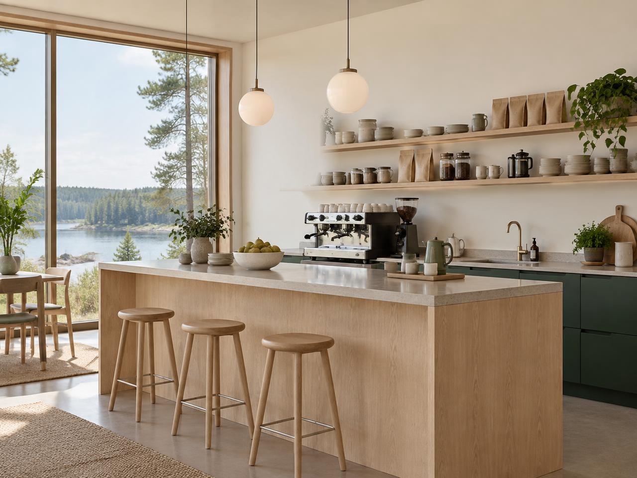 Kaffedisk i ek med espressomaskin, hyllor med koppar och fönster mot sjön