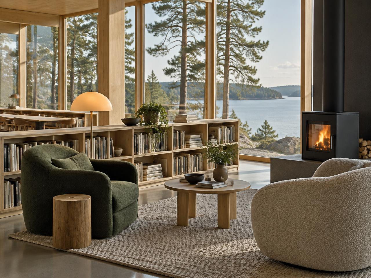 Läs- och vilhörna med fåtöljer, bokhyllor i ek, filt och braskamin