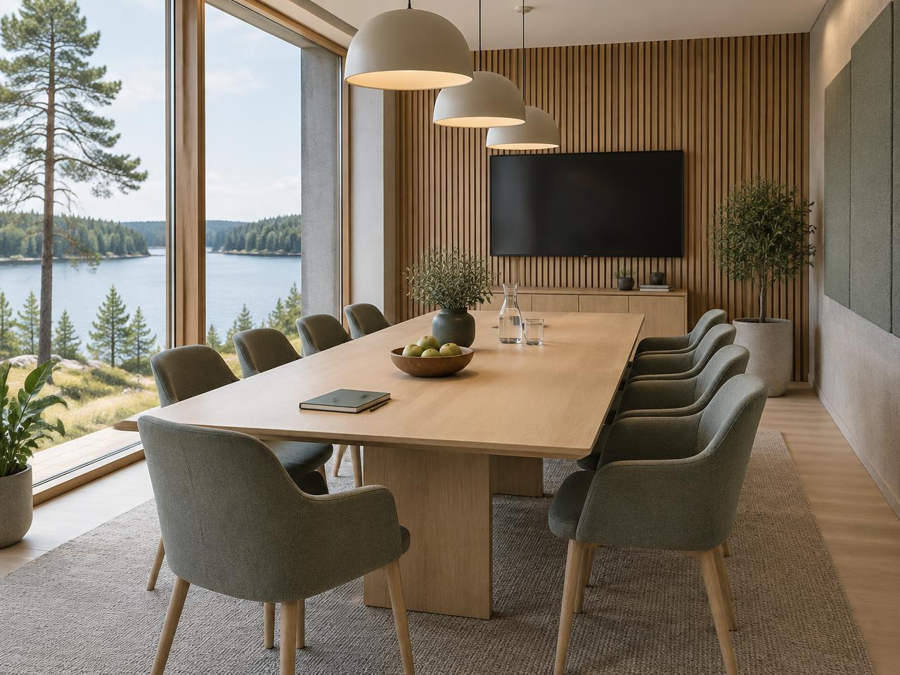 Mötesrum med långt bord i ek, stolar i dämpade färger och fönster mot sjö och skog