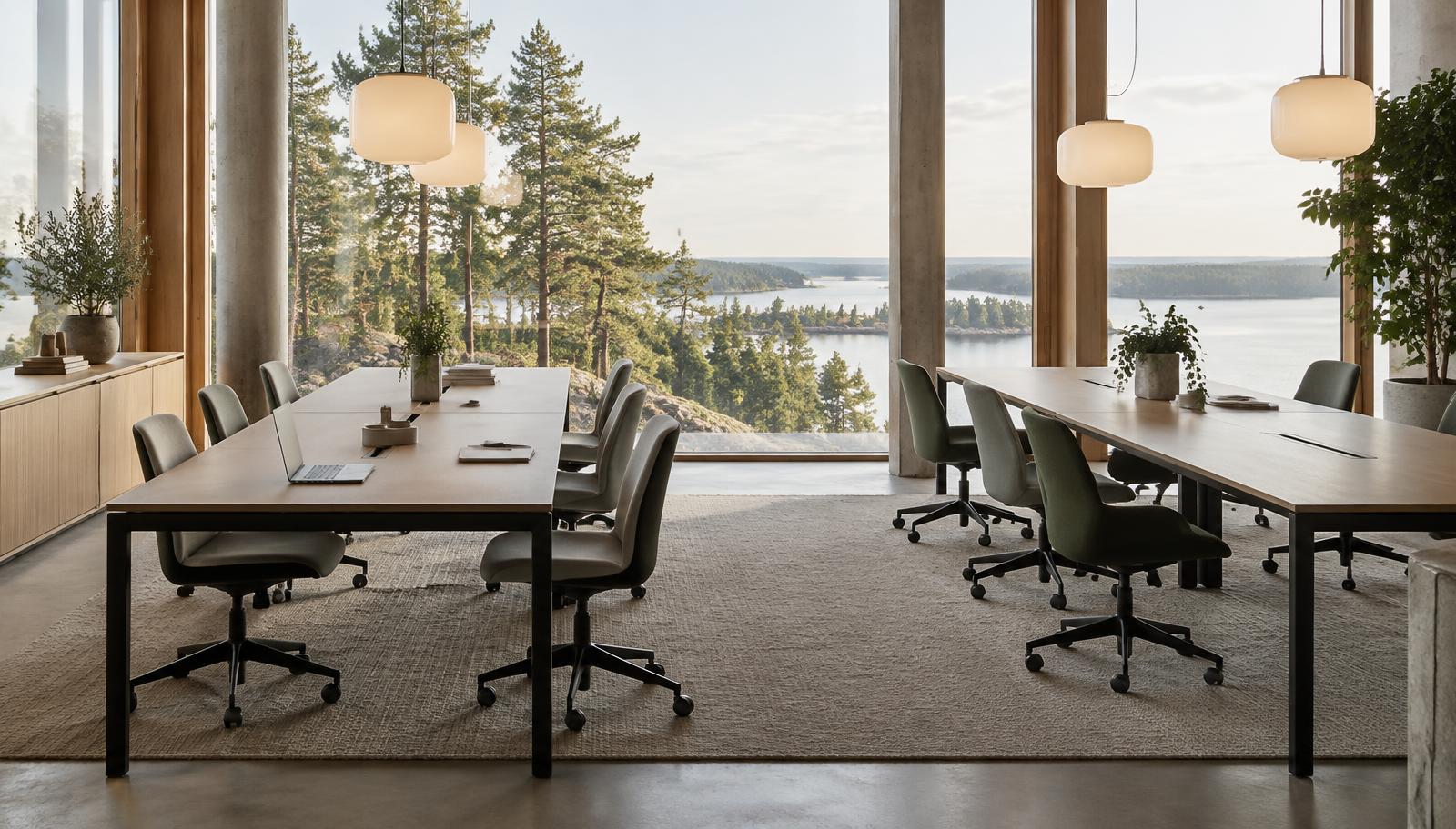 Öppet arbetslandskap med skrivbord i ek, stolar i tyg och fönster mot skog och vatten