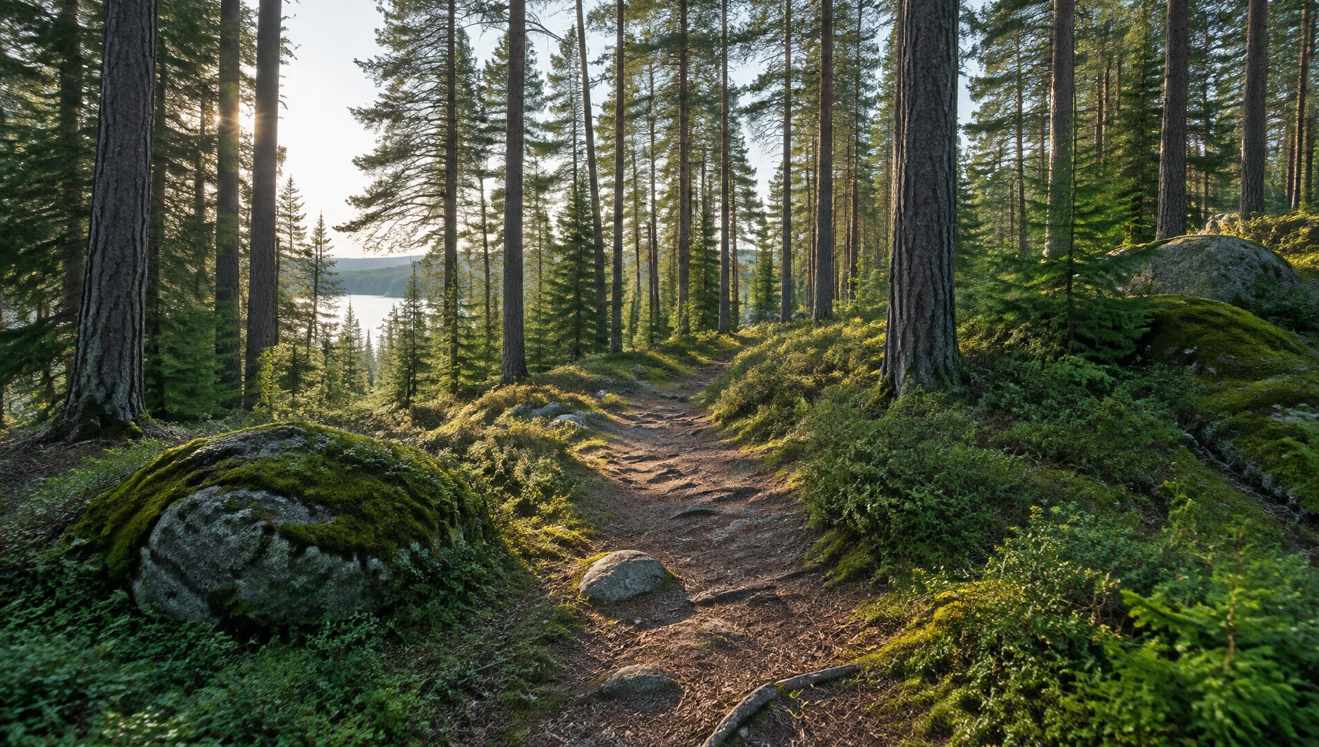 Stig genom hög tallskog med glimt av en sjö